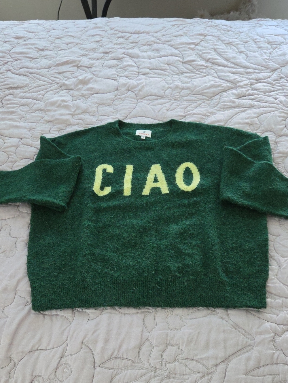 Sundry Green Crewneck Sweater with Yellow 'CIAO' Lettering